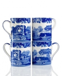 With a quaint country scene and the Imari Oriental border of Spode's Blue Italian dinnerware, these porcelain mugs lend distinct old-world charm to traditional tables.