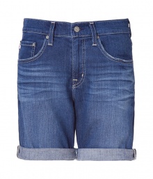 Stylish shorts in fine, medium blue cotton and lyocell blend - Soft, medium weight denim in a whiskered, antique rinse - Roomier, cuffed boyfriend cut sits higher at the waist and hits mid thigh - Classic five-pocket style with large belt loops, zip fly and button closure - A casually cool must in any summer wardrobe - Pair with tunics, t-shirts or silk tops and wedges or leather flats