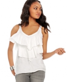 Create a feminine look on casual days with this versatile tank top from DKNY Jeans. Tiered ruffles at the chest make it great tucked-in with a skirt or left out over jeans!