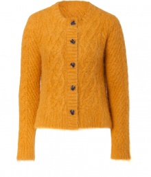 Casual daytime looks get a shock of radiant color with By Malene Birgers honey-hued cable knit cardigan, detailed in an soft textural angora mix for ultra cozy results - Rounded neckline, long sleeves, ribbed trim, button-down front, horn-effect buttons, side slits, cropped boxy fit - Pair with favorite skinnies, or layer over feminine dresses for work