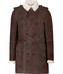 Invest in high style with this ultra-luxurious shearling trench from Burberry London - Cream shearling small spread collar, long sleeves with shearling cuffs, epaulets, double-breasted, front button placket, belted waist - Fitted silhouette - Pair with slim trousers or jeans and a cashmere pullover