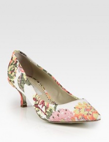 A low kitten heel subtly elevates this point toe canvas pump featuring lush florals in bright hues. Self-covered heel, 2½ (65mm)Floral-print canvas upperPoint toeFaux leather lining and solePadded insoleImported