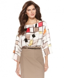 Hip to be square: Ellen Tracy's blouse features of-the-moment kimono sleeves and a graphic square print. Dress it up with a skirt, or dress it down with cropped jeans!