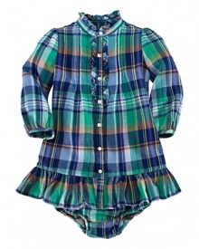 A bright plaid print and a flurry of ruffles lend a pretty update to the classic flannel shirtdress.