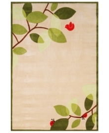 Let your tween's unique style shine with this adorably offbeat rug from Momeni's Lil Mo Whimsy collection. Designed to help update outgrown decor, the Whimsy collection is a perfect match for would-be artists and dreamers. Two ladybugs and a little birdie adorn this ivory rug amid spring-green leaves for a marvelously mod look. Hand-tufted mod-acrylic is soft, strong and flame-retardent.