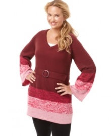 Get your leggings set for Extra Touch's long sleeve plus size tunic sweater, highlighted by a belted waist and ombre shading. (Clearance)