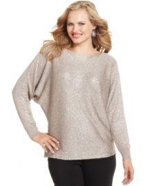 Instant drama: Alfani's plus size sweater matches a sheer knit with allover sequins for even more sparkle!