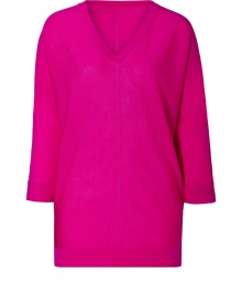 Paint bright color into your chic knitwear collection with DKNYs hot pink pullover - V-neckline, 3/4 sleeves, front and back seams, fine ribbed trim - Long, lean fit - Wear with favorite skinnies with sleek ankle boots