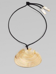 This lustrous Mother of Pearl pendant is suspended from a delicate cotton cord.Mother of PearlCotton cording Length, about 15Pendant, about 5W X 4½HTie closure with Mother of Pearl tipsImported