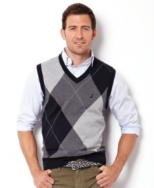 A classic pattern takes your layered look to a timeless level with this sweater vest from Nautica.