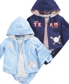 He'll be ready to play in this cute and comfortable bodysuit with matching hoodie and pants by First Impressions.