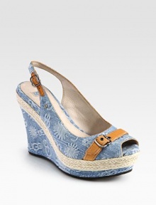 Delectable denim slingback design has leather trim and a hemp wedge. Self-covered and hemp wedge, 4½ (115mm)Covered platform, 1 (25mm)Compares to a 3½ heel (90mm)Denim and leather upperLeather liningRubber solePadded insoleImported