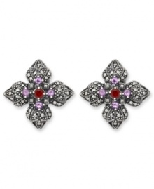 Sweet studs reminiscent of springtime. Crafted in sterling silver, Genevieve & Grace's four-petal earrings feature round-cut amethyst (1 ct. t.w.), garnet (1/5 ct. t.w.) and glittering marcasite in sterling silver. Earrings feature a clip-on backing for non-pierced ears. Approximate diameter: 1-1/8 inches.