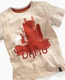 All the parts of his casual style will meld together with this graphic t-shirt from DKNY.