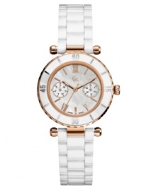 Combining femininity, purity of design and the functionality of a sport watch, this Gc Swiss Made Timepieces watch denotes the feminine side of iconic luxury. Featuring a polished rose goldtone PVD case and white ceramic bezel with precision a white mother-of-pearl dial. The case is complimented by a full high-tech white ceramic bracelet. Swiss multifunction movement. Swiss made. Water resistant to 100 meters. 10-year limited warranty. Luxury Gc gift box packaging included.