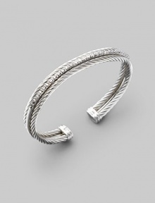 From the Silver Ice Collection. Two twisted cables of sterling silver, divided by a band of pavé diamonds set in white gold. Diamonds, 0.49 tcw Sterling silver & 14k white gold Cable, 3mm Diameter, about 2½ Made in USA