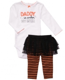 Wrapped around her finger. Let everyone know how bewitching she is with this adorable Daddy Is Under My Spell bodysuit and tutu leggings Halloween set from Carter's.