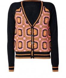 With a decidedly 1970s point-of-view, this multicolor crochet-detailed cardigan from Juicy Couture brings stylish whimsy to your office-ready staples - V-neck with contrasting stripe trim down front, front button placket, front crocheted overlay, contrasting long sleeves and back, striped cuffs and hem - Wear with a tie-neck blouse, a pencil skirt, and classic platform pumps