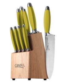 Crafted from stain- and rust-resistant Japanese stainless steel, each piece fits masterfully into the palm of your hand with a soft grip slip-resistant handle that is ergonomically designed and full of lively color. A striking natural wood knife block provides a safe and protective home for your precious tools. Limited lifetime warranty.