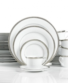 Add sparkling sophistication to your table with the timeless Grand Buffet Platinum dinnerware set. Wide bands of platinum with a delicate scroll motif adorn glistening white porcelain from Charter Club.