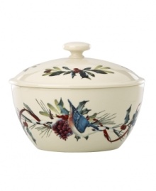 Perfect for green beans or mashed potatoes, the Winter Greetings casserole from Lenox's collection of serveware and serving dishes keeps everything piping hot and totally festive in ivory porcelain with cheery birds and holly. Qualifies for Rebate