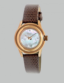 From the Orchestra Collection. A luxurious timepiece in warm rose goldtone ion-plated stainless steel with a dazzling Swarovski crystal markers. Quartz movementWater resistant to 10 ATMRound rose goldtone ion-plated stainless steelcase, 28mm (1.1) Multi-layer bezelMother-of-pearl dialFour Swarovski crystal markersBrown lizard strapImported