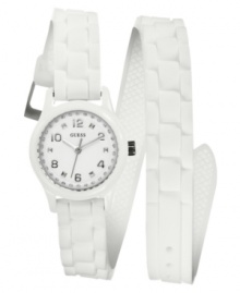 Double down on fresh fashion with this fun watch from GUESS. Features a tonal double-wrap silicone strap for added style.