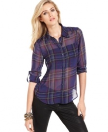 The plaid blouse get's a modern makeover with this sheer-chiffon GUESS version -- perfect for a hint of sultriness!