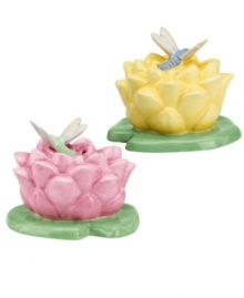 These Dragonfly Salt and Pepper shakers from Lenox add more than a dash of fanciful style to your table, featuring a figural dragonfly perched atop a brightly colored flower.  Qualifies for Rebate