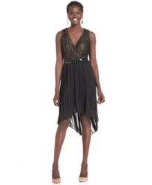 SL Fashions' dress is on-trend with a shimmering metallic lace bodice and a pleated high-low skirt.