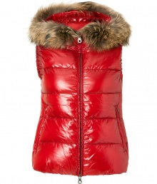 Sporty goes chic with this luxe fur-trimmed down vest from Duvetica - Fur-trimmed hood, dual-zipper front closure, zip pockets, quilted, slim fit - Wear with an oversized pullover leather leggings or skinny jeans, and ankle booties