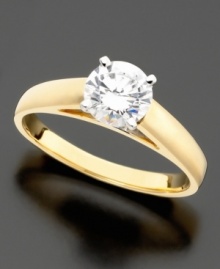 A stunning round-cut diamond (1 ct. t.w.) engagement ring set in 14k gold bears a traditional design she'll adore.