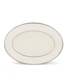 Welcome your guests to the table with the formal elegance of Lenox's Pearl Innocence. This fine bone china collection of dinnerware and dishes brings together a graceful tone-on-tone design with hand enameled pearl-like accents and rich bands of polished platinum. Qualifies for Rebate