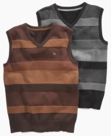 Get him some hip urban preppy style with these striped v-neck sweater vests from Sean John.  It looks great as a layered item over tees and button-fronts.