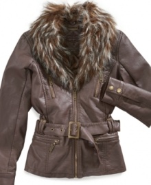 Cosmopolitan chic. She can up her style when she's downtown in this faux-fur-trim jacket from JouJou.