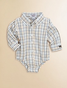 A grown-up dress shirt designed for your little one in soft cotton plaid twill with a snap bottom to keep it in place.Button-down collarButton placketLong sleeves with button cuffs, one with horse embroideryElasticized leg openingsSnap bottomCottonMachine washImported Please note: Number of buttons may vary depending on size ordered. 