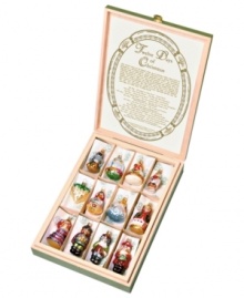 Inspired by the classic holiday carol, this boxed set of Inge-Glas ornaments tells the story of the 12 Days of Christmas. Each mouth-blown, hand-painted ornament represents one verse. Also featured in this keepsake edition is an inscribed summary of each verse.