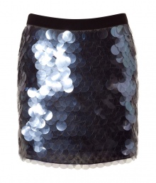 Perfect for your most festive events, DKNYs modern sequined stretch silk mini-skirt radiates eye-catching results - Black elasticized waistband, hidden back zip, iridescent sequins, form-fitting - Pair with standout tops and pumps for evening, or try for work with super soft knits and ballerinas