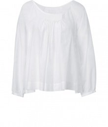 Stylish top in fine, white cotton and silk blend - Incredibly soft, lightweight fabric - Relaxed, ultra-feminine tunic cut crops at hips - Wide, round smocked neck and flattering pleat detail at chest - Casually elegant and boho chic, ideal for day or evening - Pair with cropped trousers, shorts, pencil skirts or skinny denim