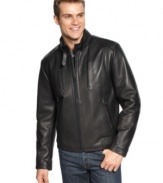 It's time to rev up your outerwear with this edgy leather motorcycle jacket from Calvin Klein.