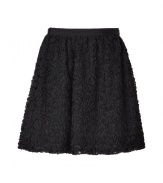 Stylish skirt of fine, black synthetic fiber - Elegant floral applique - Feminine A-line silhouette that moves into beautiful, soft folds - Sexy mini length - Gorgeous for evening events with a silk blouse and blazer or biker jacket and heels