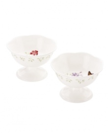 Spring is perpetually in season with footed Butterfly Meadow dessert bowls. Colorful blooms and butterflies mingle on beautiful white porcelain in an ultra-sweet addition to ice cream sundaes, bread pudding and more. Qualifies for Rebate