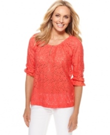 Vibrant lace layers perfectly over a cami and chic trousers. Get the look with this Charter Club top!