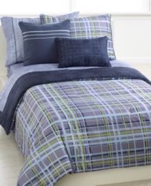 Pattern perfect. Featuring a modern plaid in cool blue with pops of electric green, the Brice comforter set awakens your room with color and style. Includes a coordinating sheet set and two decorative pillows for major impact. Comforter reverses to a navy geometric design. (Clearance)