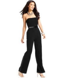 Jessica Simpson's jumpsuit looks super chic with a strapless, wide-leg silhouette and slimming removable belt.