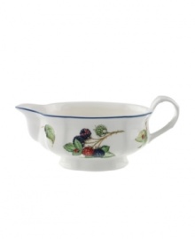 The Cottage Inn gravy boat is a colorful addition to the sophisticated table. Lush, dancing clusters of ripened blueberries, raspberries and cherries are a stunning contrast on creamy white porcelain and lend every meal a touch of traditional elegance.