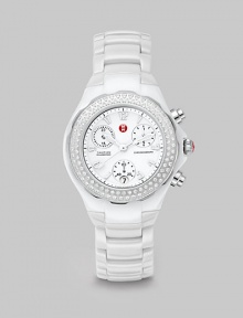 Classic chronograph design features a textured enamel dial framed in one hundred brilliant diamonds. Swiss quartz movementWater resistant to 5 ATMRound ceramic case, 35mm (1.4)Diamond bezel, .47 tcwWhite chronograph dialNumeric hour markersDate display at 6 o'clockSecond hand White ceramic link braceletImported