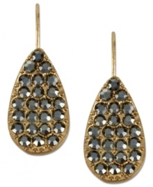 Kenneth Cole New York puts on a dazzling display in this pair of teardrop earrings. Crafted from gold-tone mixed metal, the earrings feature rows of pave glass crystal accents for a shining statement. Approximate drop: 1 inch.