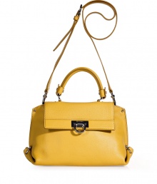 A sunshiny hue brings bold style to this elegant leather bag from Ferragamo - Front flat with logo closure, small carrying handle, convertible shoulder strap, folded side detail with logo hardware, back zip pocket, internal zip pocket, decorative lining - Perfect for daily use or off-duty chic