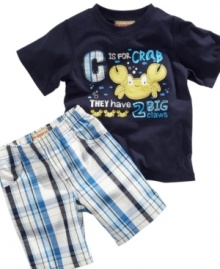 Crabby can be cute. He'll be all smiles in this fun tee shirt and plaid short set from Kids Headquarters.